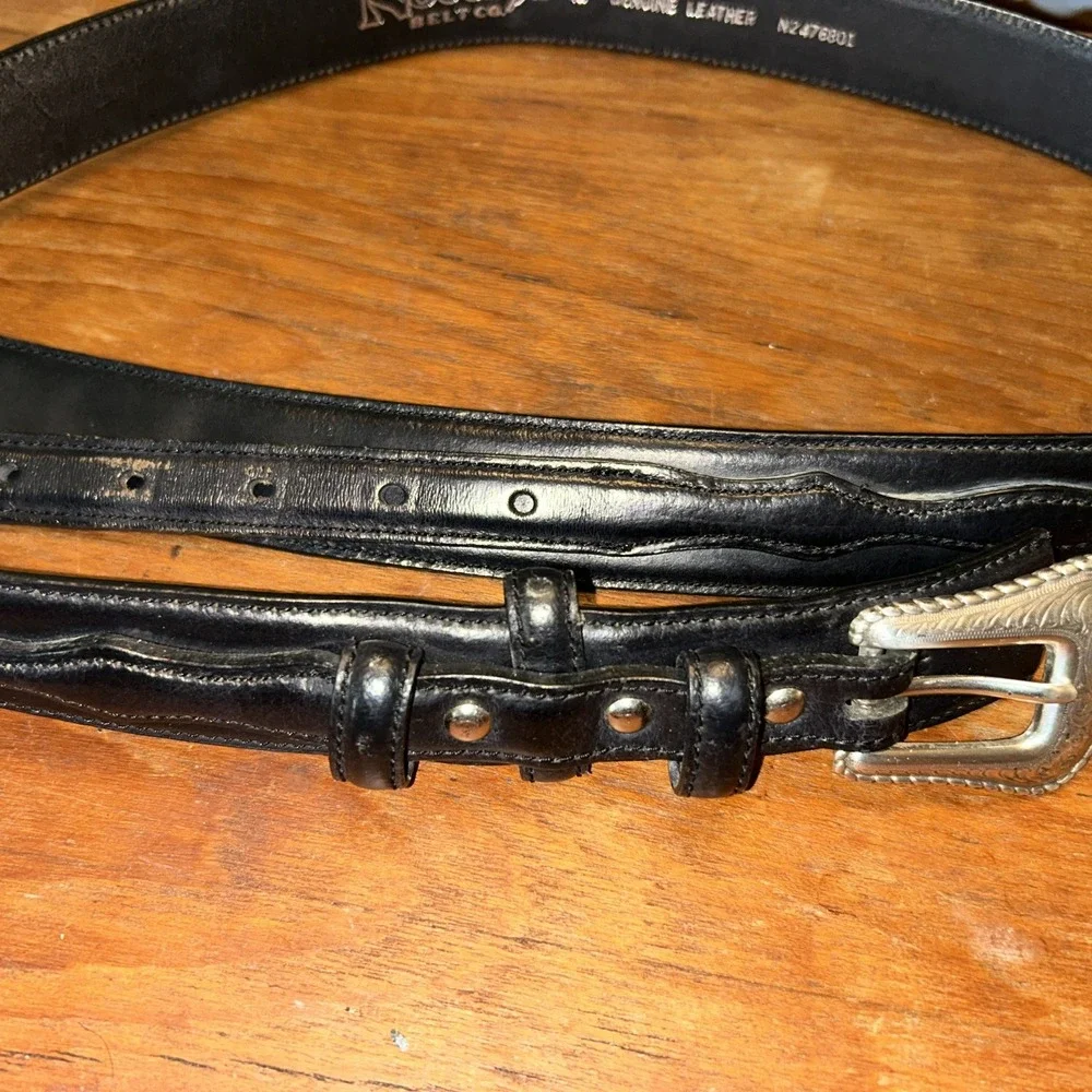 Nocona Men's Black Leather Belt Size 42 Double Tongue Herringbone Stitched